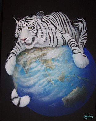 Environmental Artist Apollo: 'Protecting the Planet', 2010 Acrylic Painting, Conceptual.  World Renown Environmental Apollo Celebrates Chinese New Years and Earth day at the same time.  A white tiger symbolically embraces the planet earth.  This is one of two images celebrating the year of the Tiger. ...