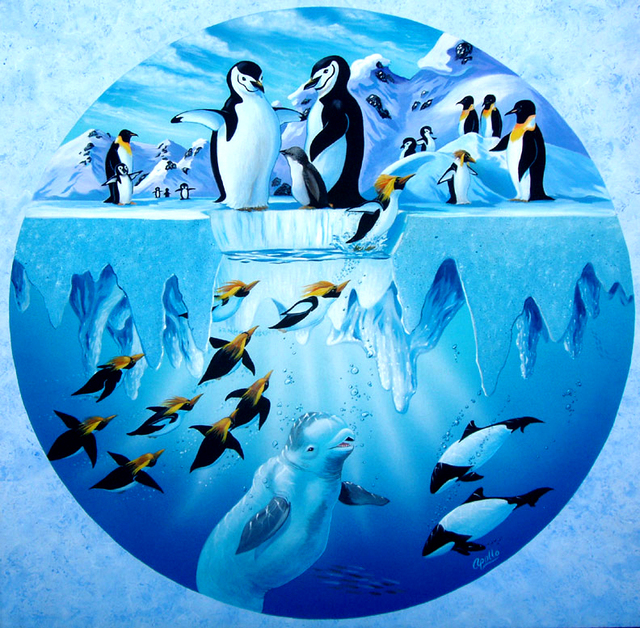 Environmental Artist Apollo  'Penguins Playground', created in 1993, Original Mixed Media.
