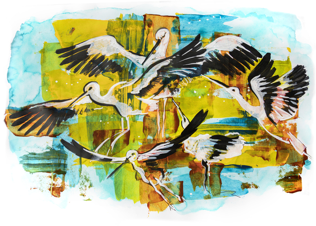 Artist Ariadna De Raadt. 'White Storks' Artwork Image, Created in 2017, Original Watercolor. #art #artist