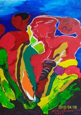 Archna Jaideep Singh: 'Colourful Bonding', 2007 Acrylic Painting, Abstract.      The composition comprises acrylic paints on canvas. The merger of forms and colours portrays the human yearning for colourful bonding.  ...