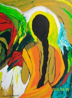 Archna Jaideep Singh: 'Enlightened', 2010 Acrylic Painting, Figurative.  The composition comprises acrylic paints on canvas. The saffron clothing on the woman depicts purity; the yellow aura shows higher consciousness; the red flowers and green leaves portray a heart full of joyous love; white symbolizes bliss and her posture conveys gratitude to the universe.     ...