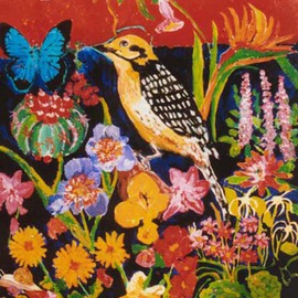 Mary Hatch: 'Golden Woodpecker', 2012 Acrylic Painting, Birds. Artist Description:  Part of the Bird series. Golden Woodpecker surrounded by flowers, a butterfly, and a Southwest red mountain in the background. Bold brilliant colors. ...