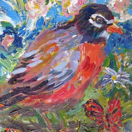 Mary Hatch: 'Spring Robin', 2016 Acrylic Painting, Birds. Artist Description:  Part of the Bird Series. Robin with flowers, butterfly, mountain in the background. Impressionist colors. ...