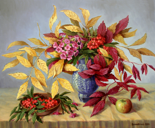 Arkady Zrazhevsky  'Autumn Leaves And Branch Of A Phlox', created in 2010, Original Painting Oil.