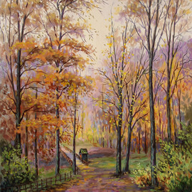 Arkady Zrazhevsky: 'Kalvaria in Vilnius', 2010 Oil Painting, Landscape. Artist Description:  Vilnius, Kalvria, a fall, trees, a footpath, a wood, the bridge, foliage, autumn ...