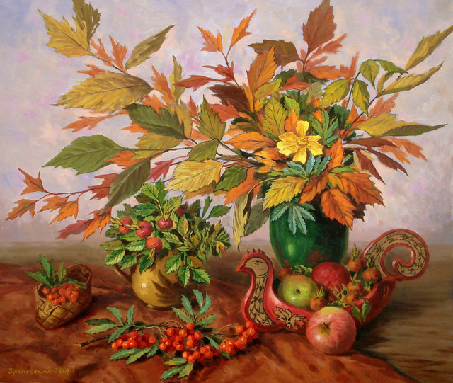 Arkady Zrazhevsky  'Still Life With A Dogrose', created in 2007, Original Painting Oil.
