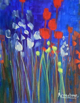 Arrachme Art: 'Girl Talk', 2016 Acrylic Painting, Abstract Landscape. Pouredand painted on canvas board. Memory Gardens acknowledge friends and family. abstract, garden, flowers, landscape, happy blooms, green, red, arrachmeart ...