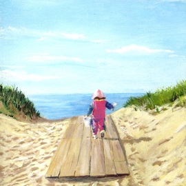 Jack Skinner: 'march to the beach', 2006 Acrylic Painting, Beach. Artist Description: My daughter on her way to the beach determined to build a sand castle and catch some hermit crabs. ...