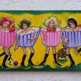 Amans Honigsperger: 'Cupcake Ladies', 2012 Acrylic Painting, Humor. Artist Description:  Four sweet ladies with dogs and ants in their pants. ...