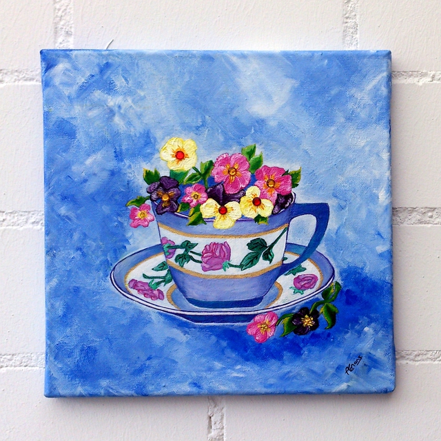Amans Honigsperger  'Tea Cup With Pansies', created in 2013, Original Painting Acrylic.