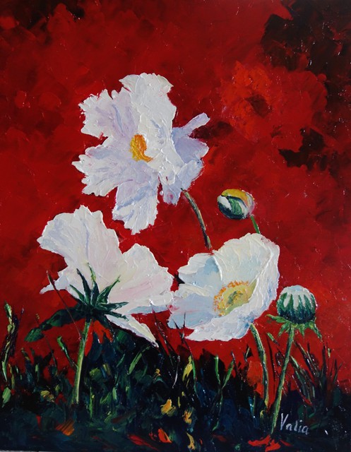 Artist Valerie Curtiss. 'White On Red, Poppies' Artwork Image, Created in 2015, Original Pastel Oil. #art #artist