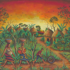 Village painting of African villagers By Angu Walters