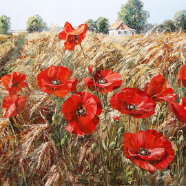 Artemis  Artists Association: 'wheat field', 2017 Oil Painting, Landscape. Artist Description: red poppies, poppy, flowers, village, road, ears, wheat, field, meadow, house, space, summer, grass, palette...