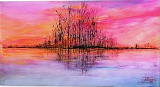 Jack Diamond: 'wetlands sunset', 2017 Acrylic Painting, Cityscape. Wetlands sunset is an acrylic painting on clear acrylic plexiglass. It mounts to the wall with polished aluminum standoffs. Inspired by the many sunsets IaEURtmve seen as I traveled across America. ...