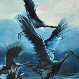 Maria Natoli: 'the cranes', 2017 Oil Painting, Birds. 