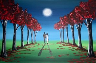 Aisha Haider: 'underneath the moonlight', 2019 Acrylic Painting, Love. A vibrant and lovely magical painting of a couple underneath the moonlight. The painting has been signed by the artist and continues over the sides so it may be hung without a frame. The painting has been varnished with gloss for protections and will be carefully packed into a custom ...