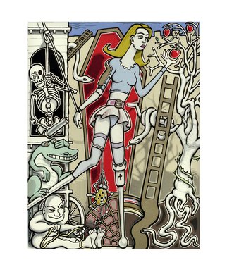 Andy Tyler: 'Siege Engine', 2006 Serigraph, Fantasy. One of only 6 hand- printed serigraphsSet in crenellated walled garden of an estate, perhaps the garden of Eden, the heroic female figure is beset by masculine devices intent on her seduction.  She, as a well fortified female however, puts up a stout rebuttal in defence but, can t ...