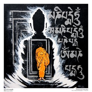Prayag Jadhav: 'buddham sharanam gacchami', 2020 Acrylic Painting, Buddhism.  Buddham Sharanam Gacchami  - I take refuge into Buddha  The painting shows a monk who has choose to detach from all the bandages and is ready to take refuge into Lord Buddha while he decides to walk a path that leads to spirituality.This work is a unique original work of...