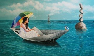 Sabir Haque: 'chithir vela', 2016 Acrylic Painting, Surrealism. 1470                                   Stone markings beckon the lover into the world of fantasy, where she sails in the boat of the epistles of her lover, immersed in the spectrum of colors. ...