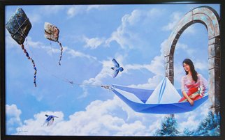 Sabir Haque: 'ichche ghuri', 2016 Acrylic Painting, Surrealism. 1029                               Paper boats of yesteryear carries the childhood. Kites made of a life time of struggle that weighs like crushing rocks . Step onto the paper boat, the stony kites will begin to fly. Let go off the string in your hand. ...