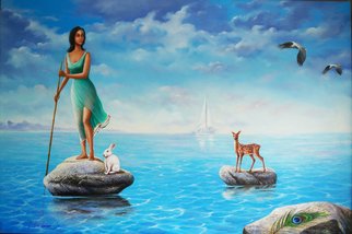 Sabir Haque: 'sea voyage', 2016 Acrylic Painting, Surrealism. Eternal quest for her beloved, who has forsaken her, creatures like deer , rabbit, bird etc sympathies her. ...
