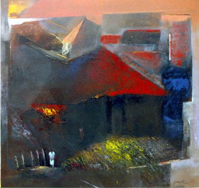 Artist Sampat Nayakawadi. 'Indian Village Red Hut,2001' Artwork Image, Created in 2001, Original Painting Oil. #art #artist