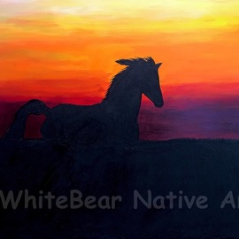 Kathy S. Whitebear Copsey: 'when the spirit runs free', 2020 Other Painting, Spiritual. Artist Description: Original acrylic painting with texturemixed mediaon canvas, gallery wrap with painting around edges.  Wired ready to hang.A silhouette of a horse with a feather in its main as it runs across the land with a beautiful sunset in the background. ...