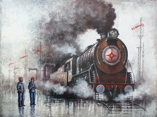 Kishore Pratim Biswas: 'Steam Locomotives 06', 2018 Acrylic Painting, Trains. At that time, I was around 5 to 6 years old.  I lived in a place where locomotives travel around.  And I was always running out to watch them and loved to sketch them.  This was my old memory of childhood.  I try to recall those memories and translate them ...