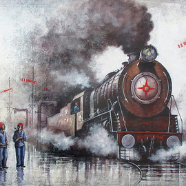 Kishore Pratim Biswas: 'Steam Locomotives 06', 2018 Acrylic Painting, Trains. Artist Description: At that time, I was around 5 to 6 years old.  I lived in a place where locomotives travel around.  And I was always running out to watch them and loved to sketch them.  This was my old memory of childhood.  I try to recall those memories and ...
