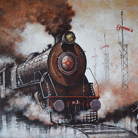 Kishore Pratim Biswas: 'steam locomotives 05', 2018 Acrylic Painting, Trains. Artist Description: At that time, I was around 5 to 6 years old.  I lived in a place where locomotives travel around.  And I was always running out to watch them and loved to sketch them.  This was my old memory of childhood.  I try to recall those memories and ...