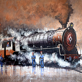Kishore Pratim Biswas: 'steam locomotives 42', 2023 Acrylic Painting, Impressionism. Artist Description: At that time, I was around 5 to 6 years old. I lived in a place where locomotives travel around. And I was always running out to watch them and loved to sketch them. This was my old memory of childhood. I try to recall those memories and ...