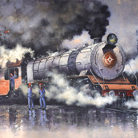 Kishore Pratim Biswas: 'steam locomotives 48', 2023 Acrylic Painting, Impressionism. Artist Description: At that time, I was around 5 to 6 years old. I lived in a place where locomotives travel around. And I was always running out to watch them and loved to sketch them. This was my old memory of childhood. I try to recall those memories and ...