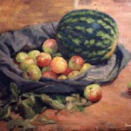 Maksim Pomazan: 'Watermelon and apples', 1995 Oil Painting, Still Life. 