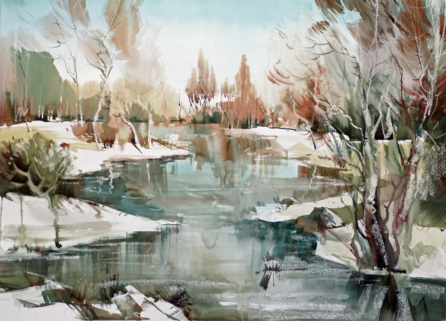 Artist Igor Misyats. 'Snow Landscape' Artwork Image, Created in 2018, Original Watercolor. #art #artist