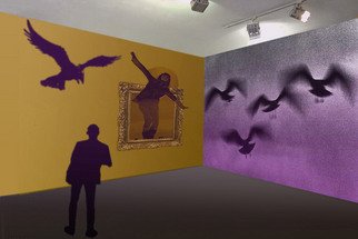 Marlies Odehnal: 'Flying woman', 2011 Digital Art, Birds.  Birds, frame, flying woman, out of the frame, out of the box, violett,  ...