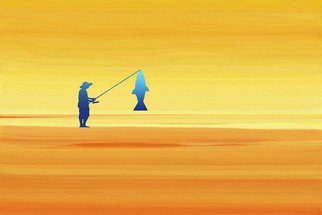 Marlies Odehnal: 'Man with huge fish', 2011 Digital Painting, Beach.   Beach, fish, fisherman, sea, yellow, blue, surrealistic  ...