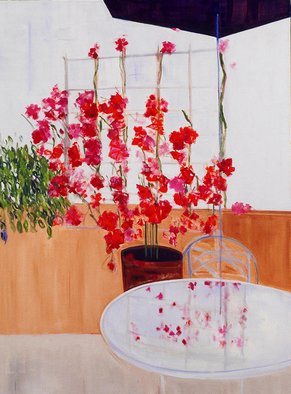 Pat Rose: 'Bougainvillea', 2006 Oil Painting, Botanical.   Bougainvillea plant on terrace by the ocean      ...