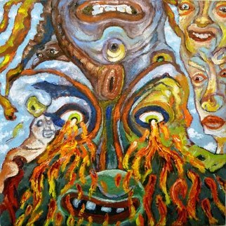 Michael Chomick: 'Heaven on Hell', 2013 Oil Painting, Surrealism. The work addresses the parallel universes of good and evil, and that Life on Earth is actually hell so one must constantly struggle to make some sort of heaven from the constant assault of negativity! ( 2 paintings in one)           ...