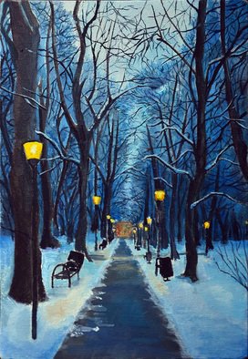 Alena Vladimirovna: 'evening alley', 2017 Oil Painting, Cityscape. 