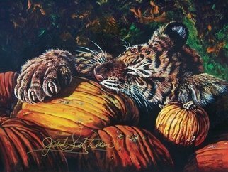 Judith Smith Wilson: 'The Pumpkin Eater', 1995 Watercolor, Wildlife.  Young Tiger sleeping in a pumpkin patch. Original $l, 200. 00.  Open Edit. Prints Available $35. 00 ...