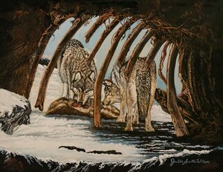 Judith Smith Wilson: 'dinner time', 2023 Ink Painting, Wildlife. Wolves...