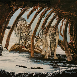 Judith Smith Wilson: 'dinner time', 2023 Ink Painting, Wildlife. Artist Description: Wolves...