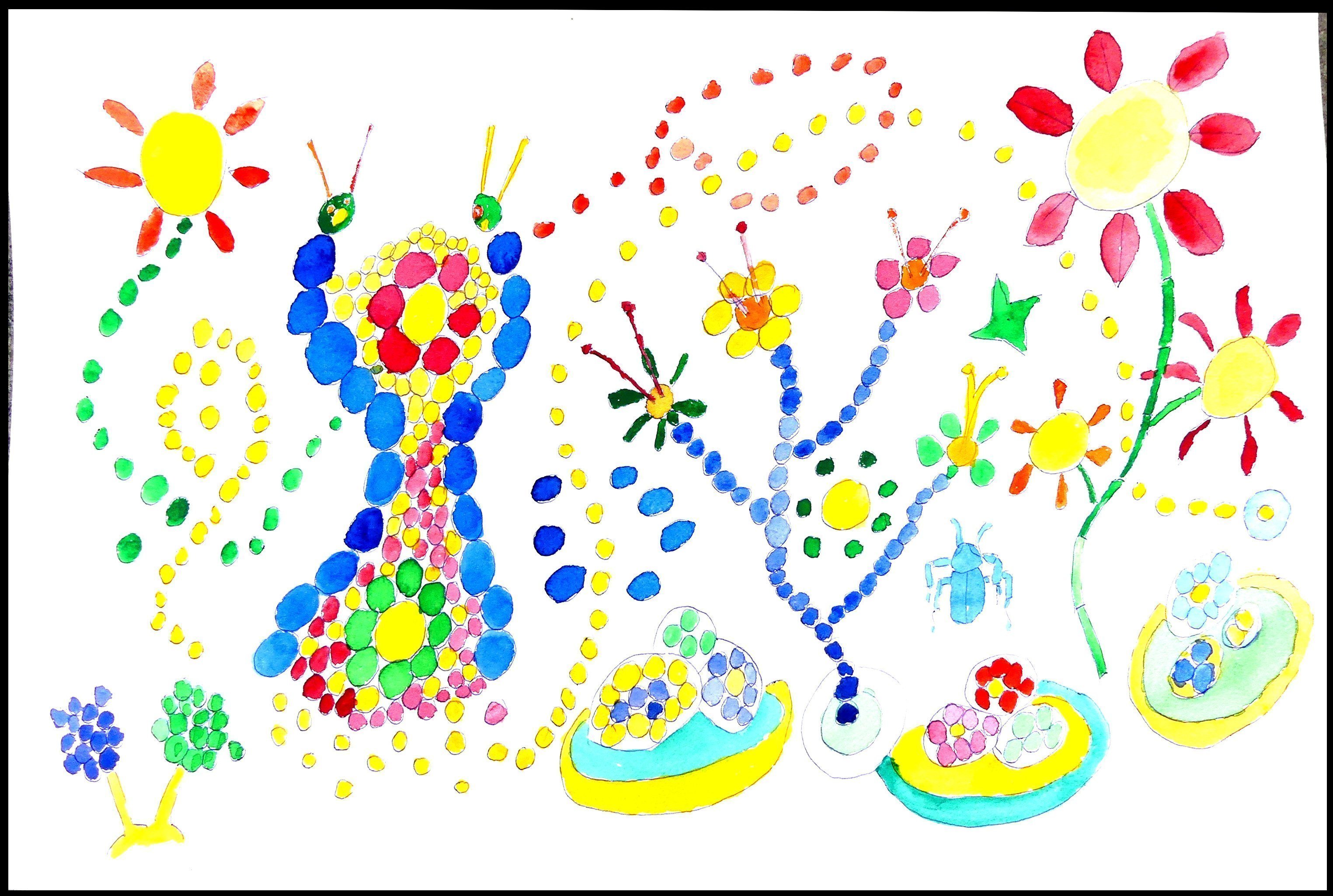 Palle Adamos Finn Jensen: 'Sejr Victory', 2021 Watercolor, Mandala. watercolor.  red yellow, green bluee, pimary colors.  bobbels creating shapes and patterns.  dancing and flowers...