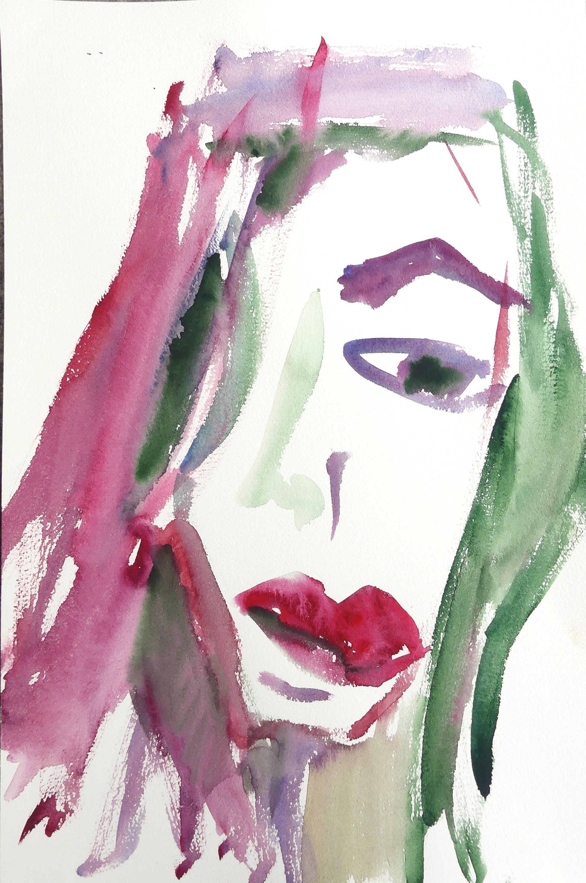 Palle Adamos Finn Jensen: 'charlotte christine', 2021 Watercolor, Portrait. Hot woman with red and green hair, sensous red lipstick.  trying to seduce you.  Is she a whore ...