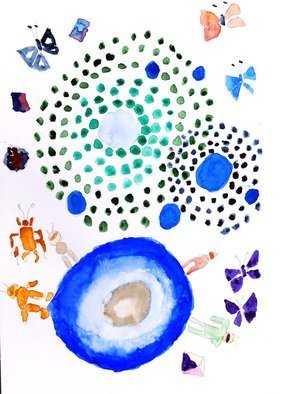 Palle Adamos Finn Jensen: 'tunnels of light 5', 2021 Watercolor, Abstract. Universes of light, subspace. Life is good. Butterflies as symbol of a lot of things, happines and colorful...