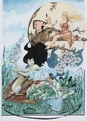 Rhoda Taylor: 'Fair and softley go sure and far', 2015 Illustration, Fantasy.  Fairies and Dreams.Detailed artwork using Pen/ ink/ gouache. Flowers/ Animals/ Fairies ...