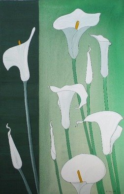 Rhoda Taylor: 'austre purity', 2017 Mixed Media, Still Life. Lillies of strong white purity within the garden cannot fail to draw attention.Using colour gouache and pen on a  Dalor not  artboard and holding each lilly and taking from life seeing each detail the picture was born....