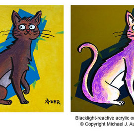 Michael Auger: 'cat', 2021 Acrylic Painting, Cats. Artist Description: This original animal painting, created by offbeat artist Michael Auger, is guaranteed to provoke a smile. This piece was painted with a bold color and a thick and chunky acrylic that begs to be touched and also reveals surprise special effects when viewed with a UV blacklight  ...