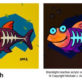 Michael Auger: 'xray fish', 2021 Acrylic Painting, Fish. Artist Description: This original animal painting, created by offbeat artist Michael Auger, is guaranteed to provoke a smile. This piece was painted with a bold color and a thick and chunky acrylic that begs to be touched and also reveals surprise special effects when viewed with a UV blacklight  ...