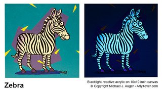 Michael Auger: 'zebra', 2021 Acrylic Painting, Animals. This original animal painting, created by offbeat artist Michael Auger, is guaranteed to provoke a smile. This piece was painted with a bold color and a thick and chunky acrylic that begs to be touched and also reveals surprise special effects when viewed with a UV blacklight  ...